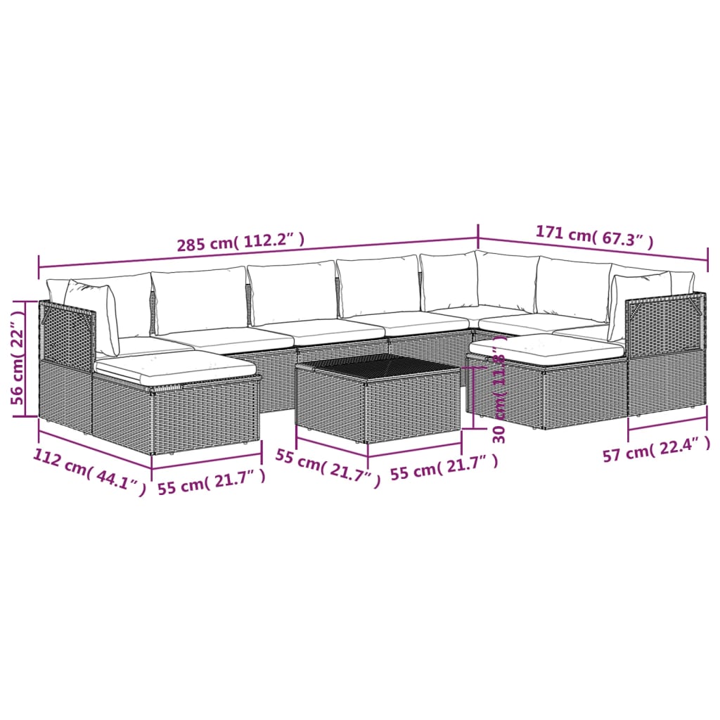 10 Piece Garden Lounge Set with Cushions Grey Poly Rattan