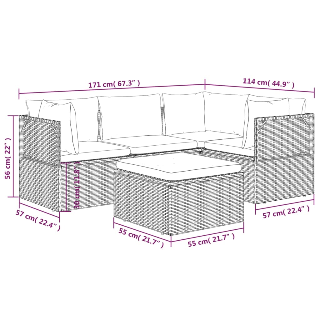 5 Piece Garden Lounge Set with Cushions Grey Poly Rattan