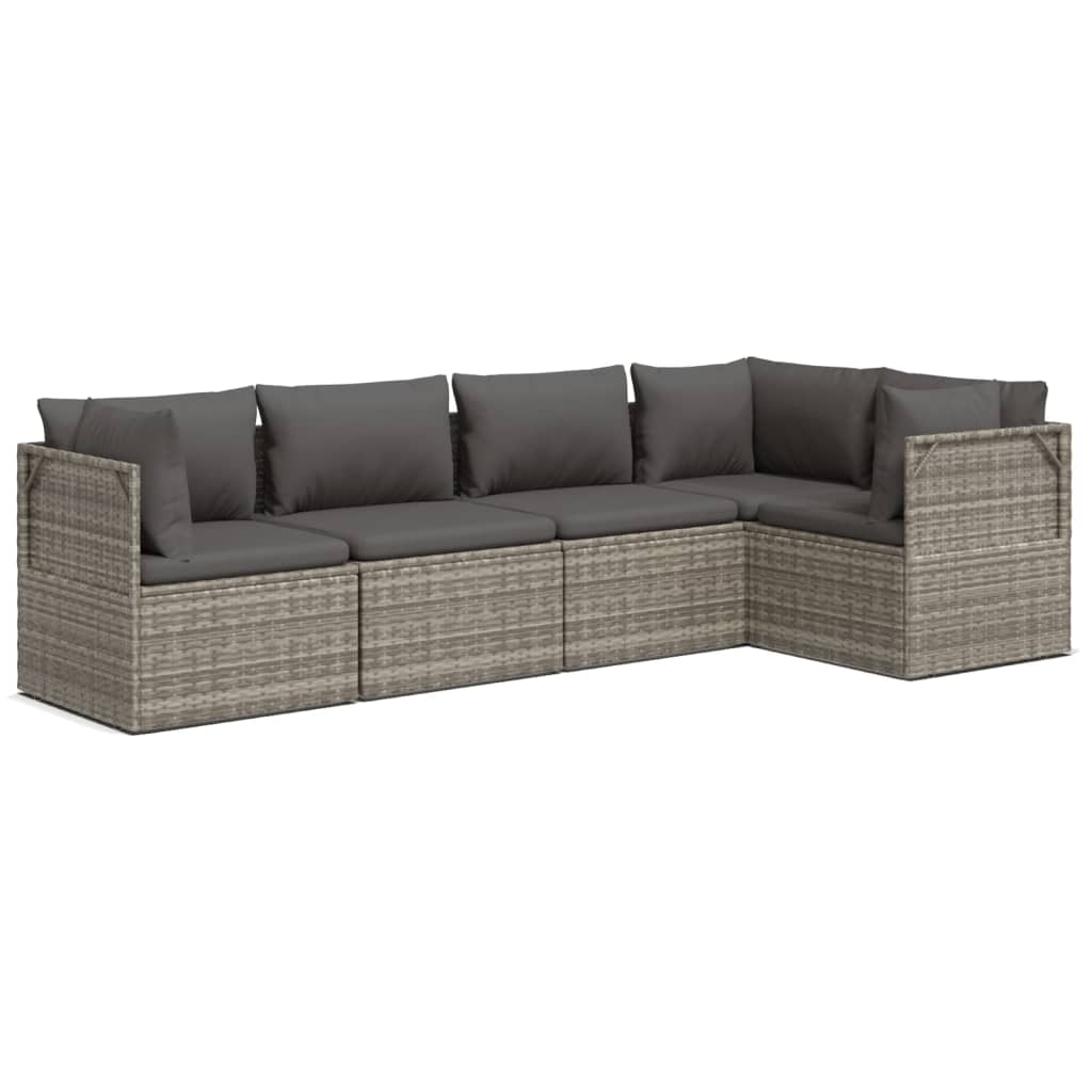5 Piece Garden Lounge Set with Cushions Grey Poly Rattan