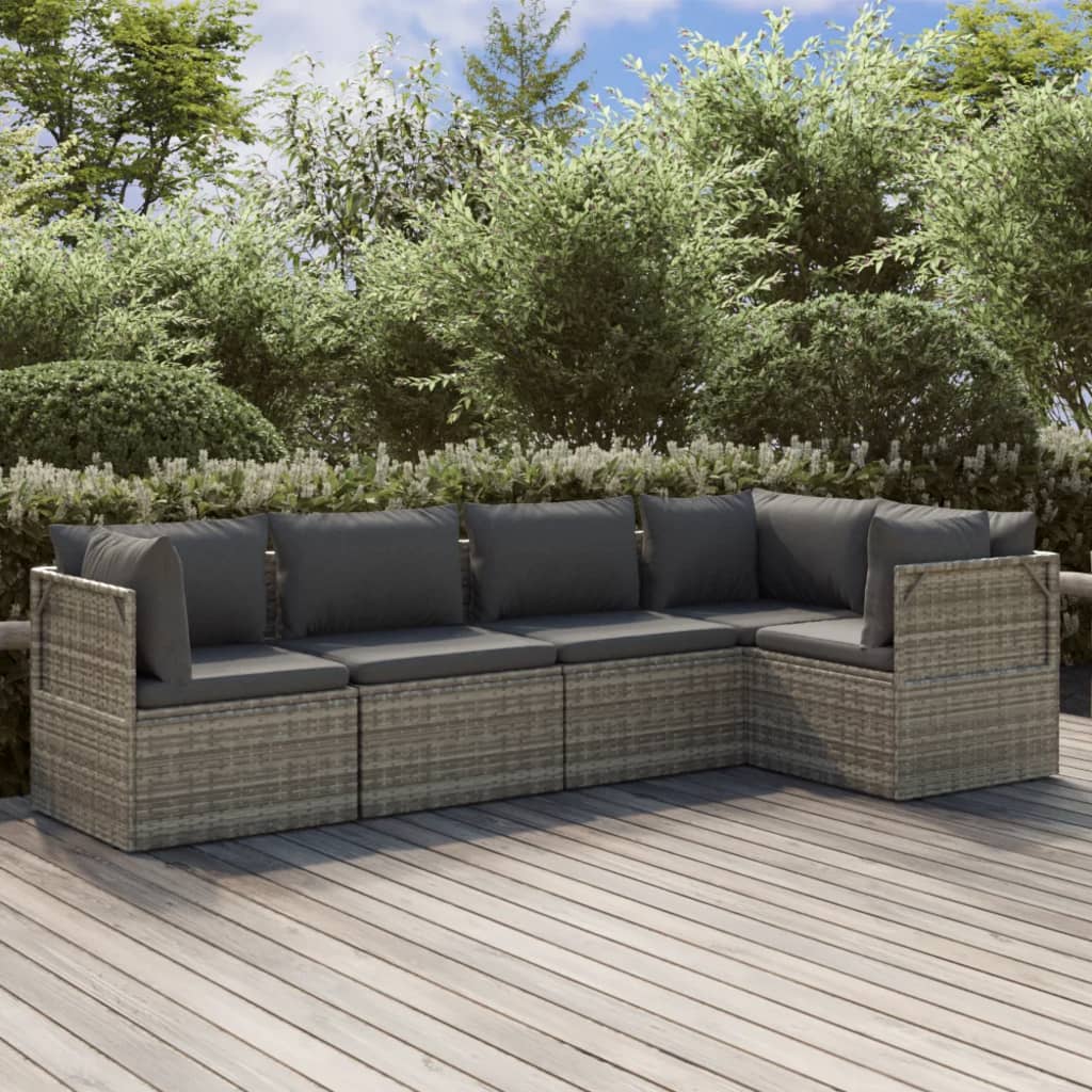 5 Piece Garden Lounge Set with Cushions Grey Poly Rattan