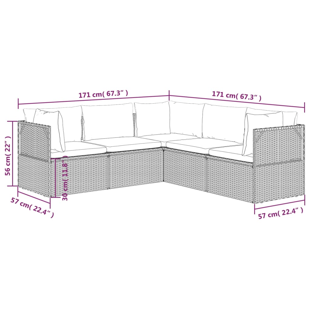 5 Piece Garden Lounge Set with Cushions Grey Poly Rattan