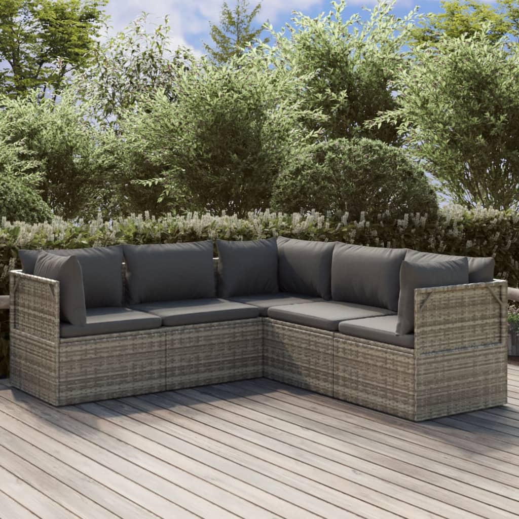 5 Piece Garden Lounge Set with Cushions Grey Poly Rattan