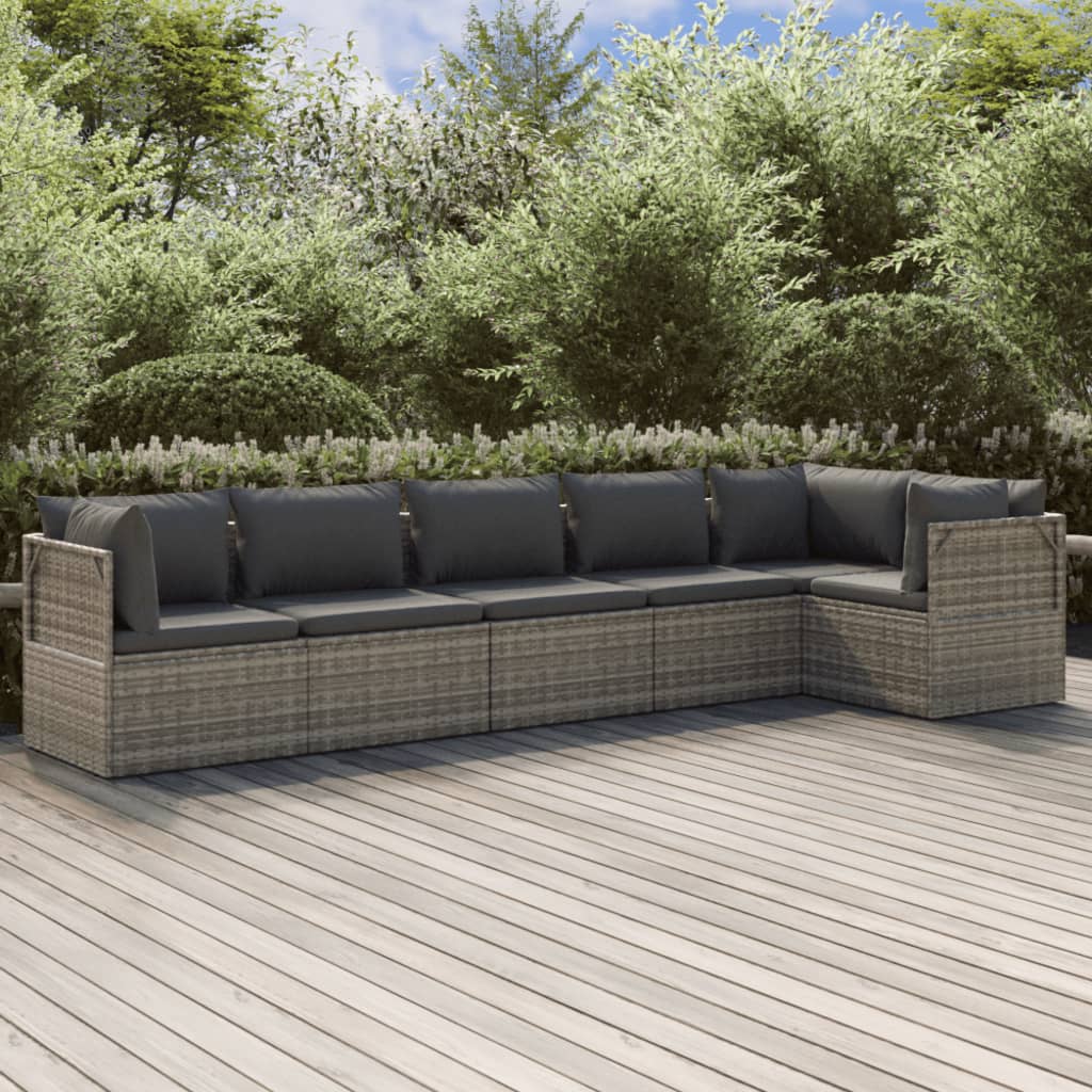 6 Piece Garden Lounge Set with Cushions Grey Poly Rattan