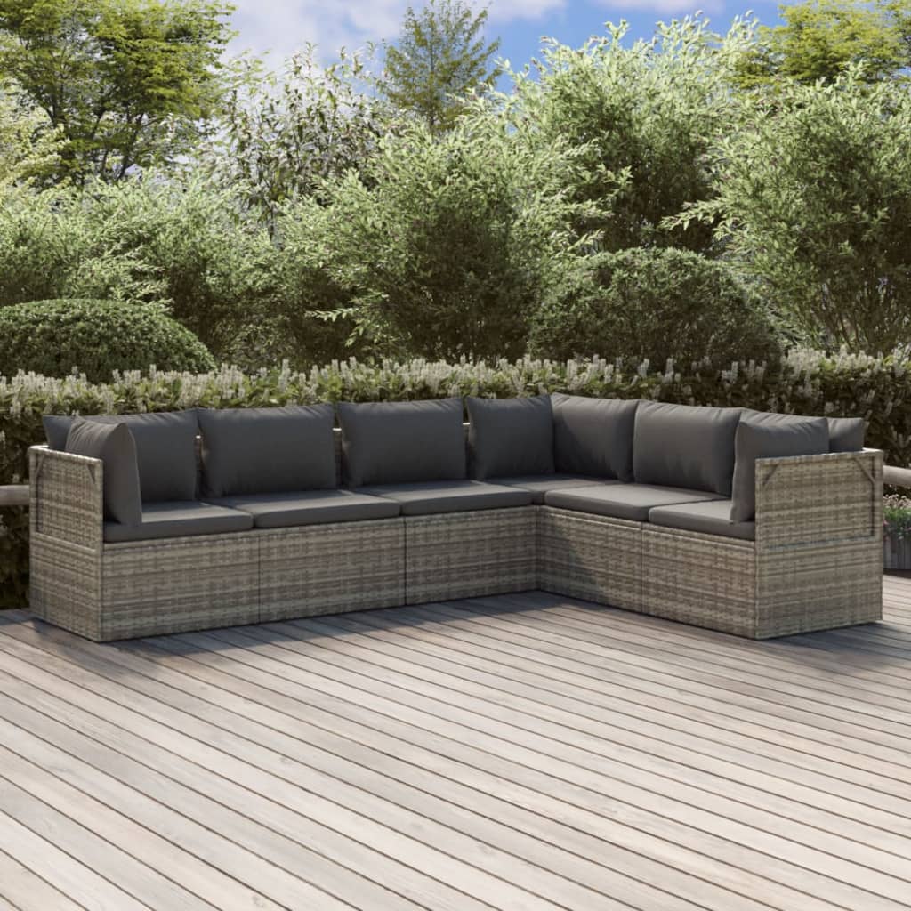 6 Piece Garden Lounge Set with Cushions Grey Poly Rattan