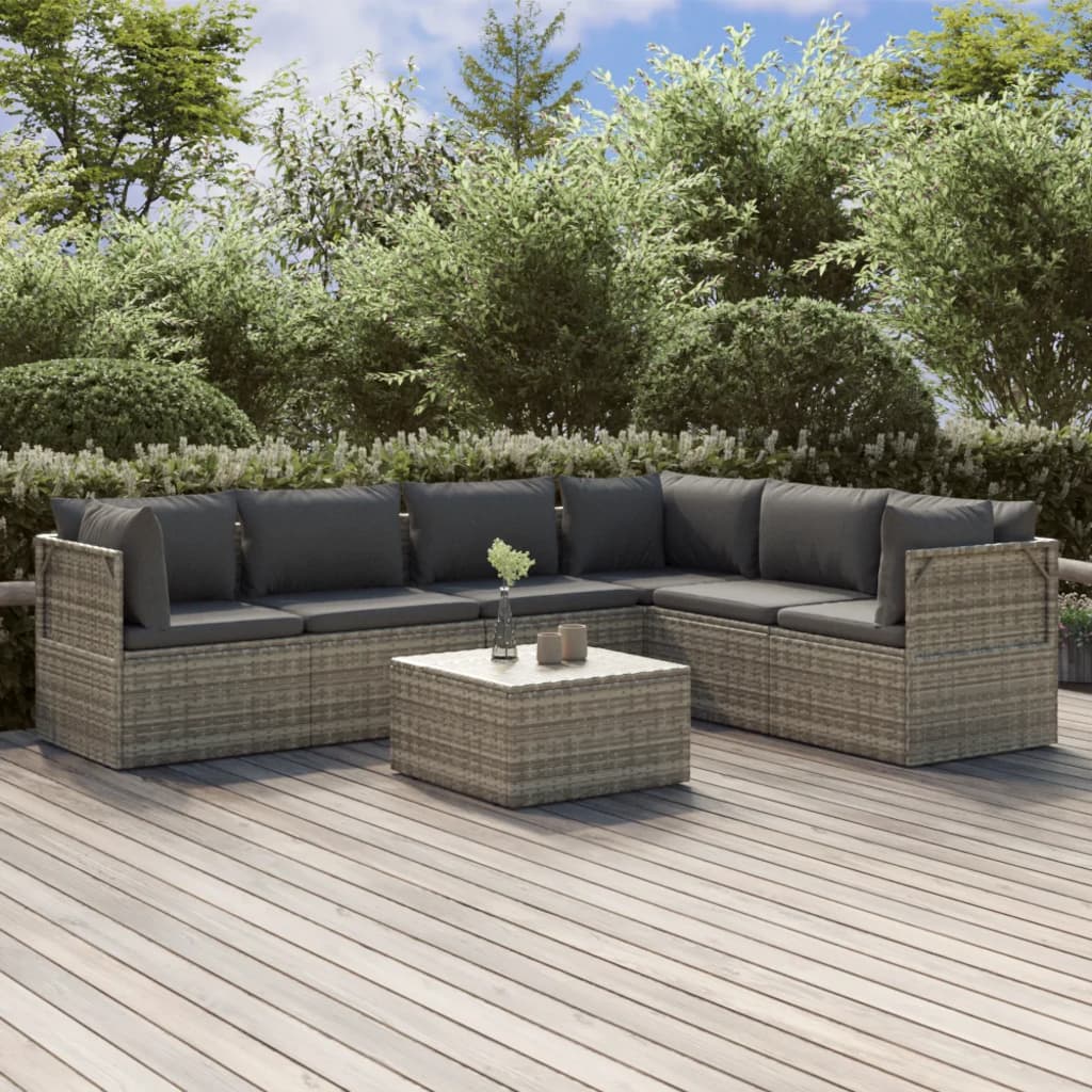 7 Piece Garden Lounge Set with Cushions Grey Poly Rattan