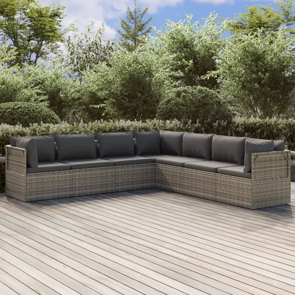 7 Piece Garden Lounge Set with Cushions Grey Poly Rattan