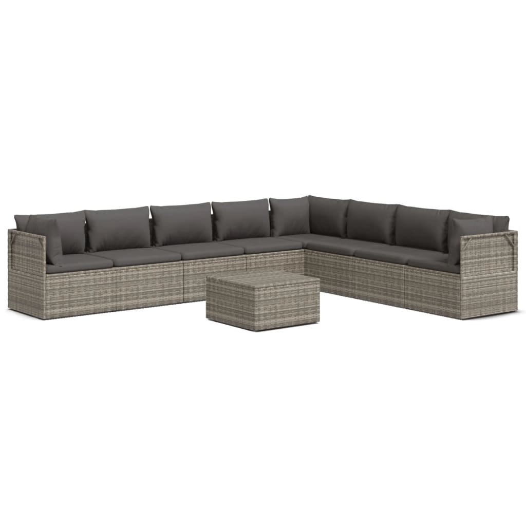 9 Piece Garden Lounge Set with Cushions Grey Poly Rattan