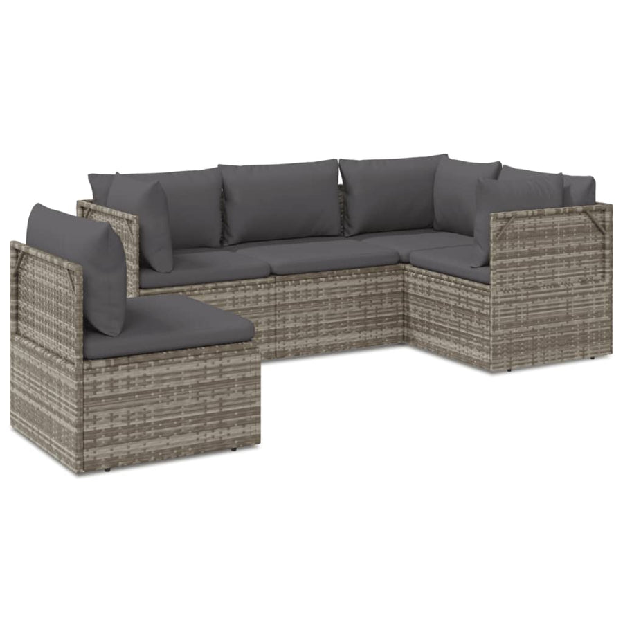 5 Piece Garden Lounge Set with Cushions Grey Poly Rattan