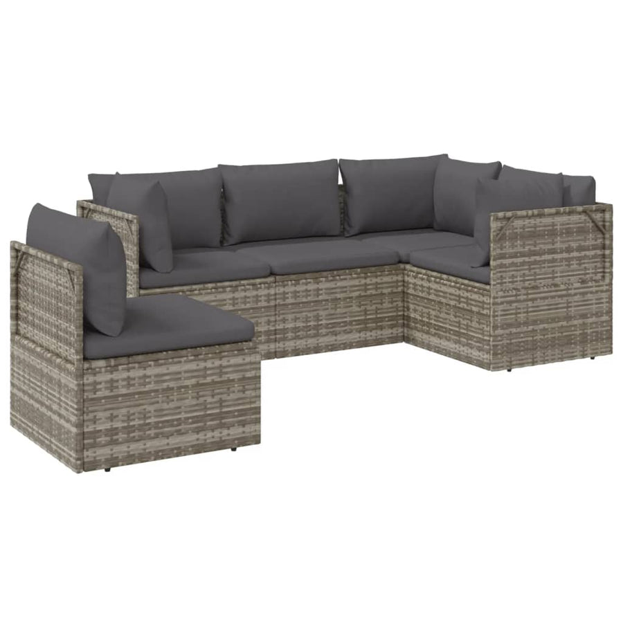 5 Piece Garden Lounge Set with Cushions Grey Poly Rattan