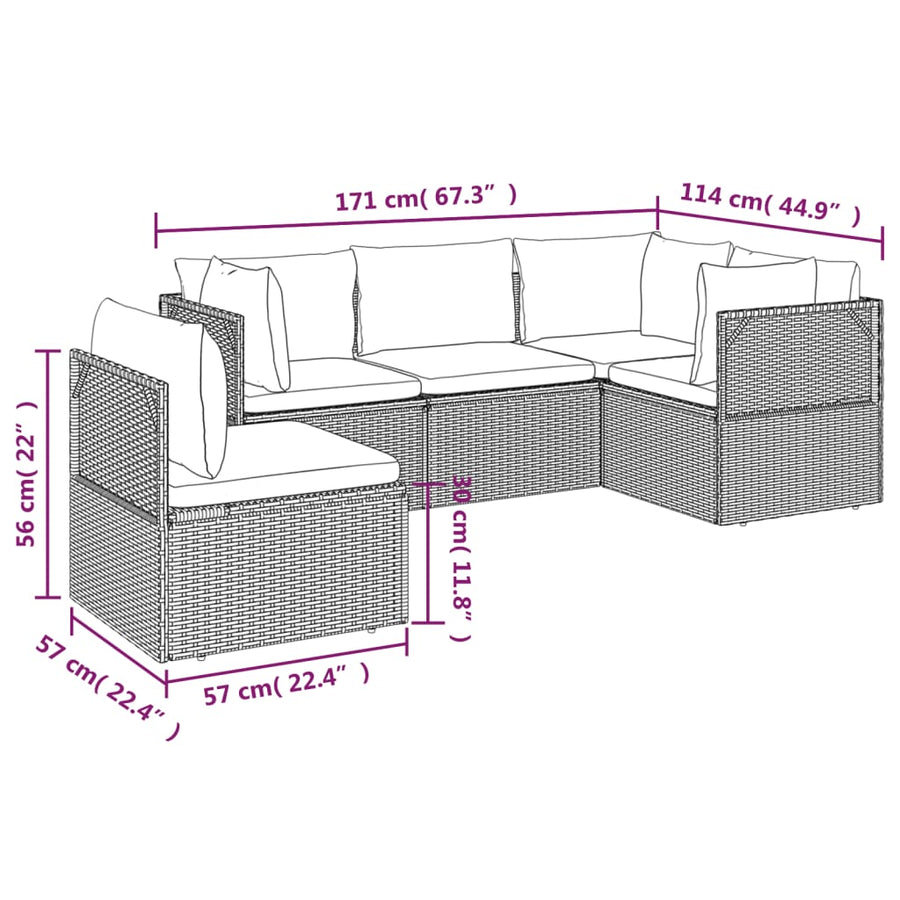 5 Piece Garden Lounge Set with Cushions Grey Poly Rattan