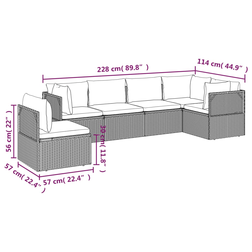 6 Piece Garden Lounge Set with Cushions Grey Poly Rattan