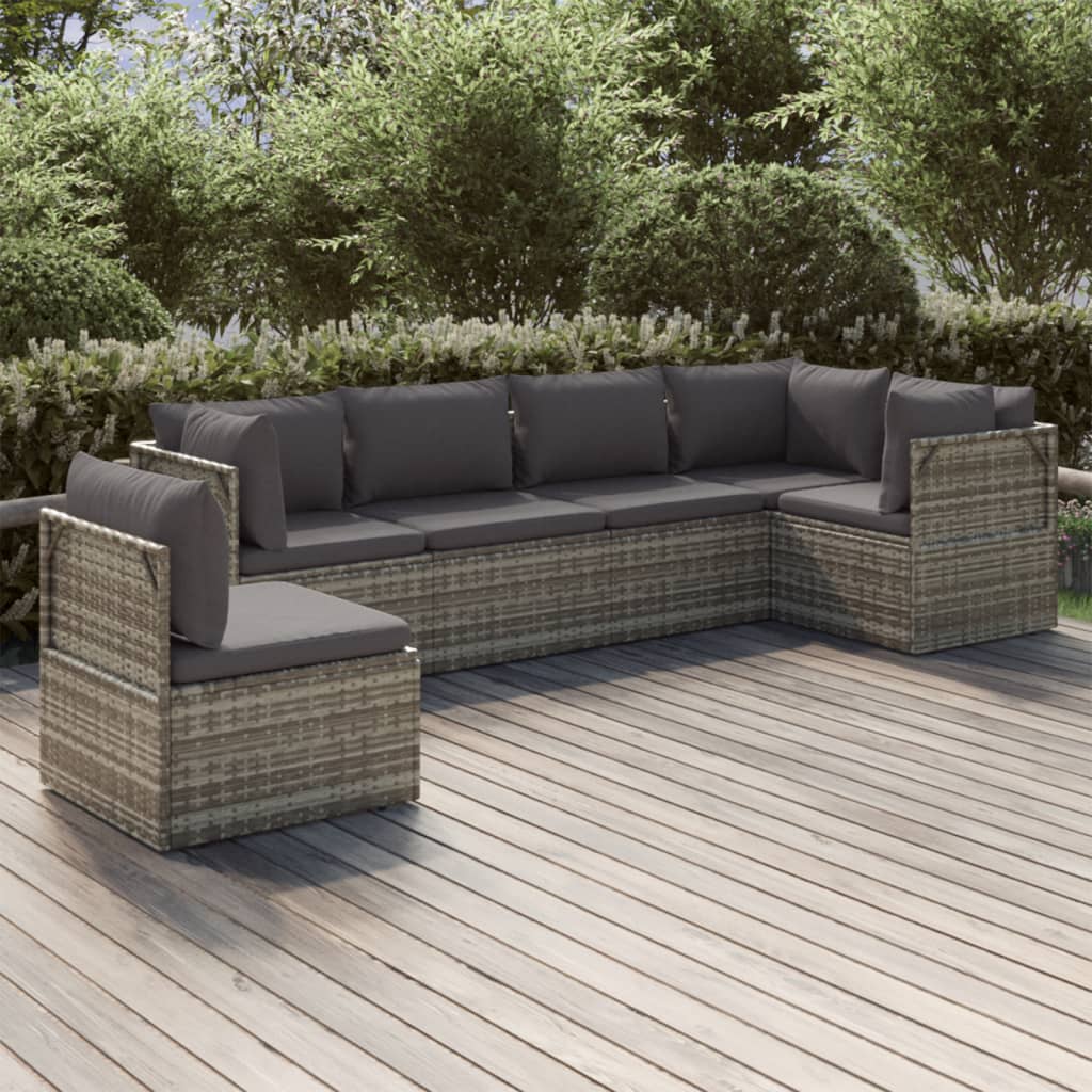 6 Piece Garden Lounge Set with Cushions Grey Poly Rattan