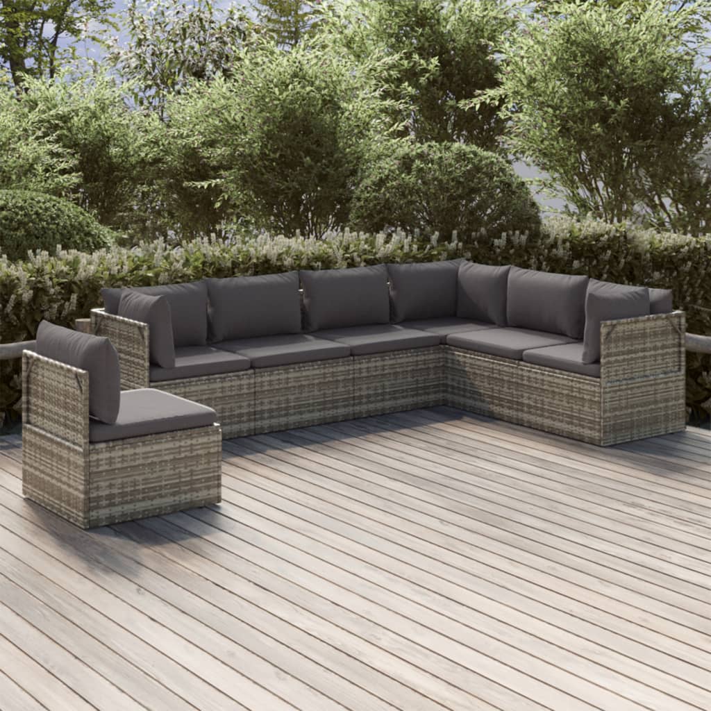 7 Piece Garden Lounge Set with Cushions Grey Poly Rattan