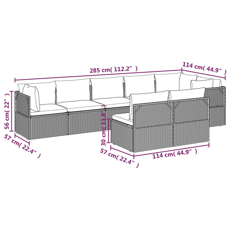 8 Piece Garden Lounge Set with Cushions Grey Poly Rattan