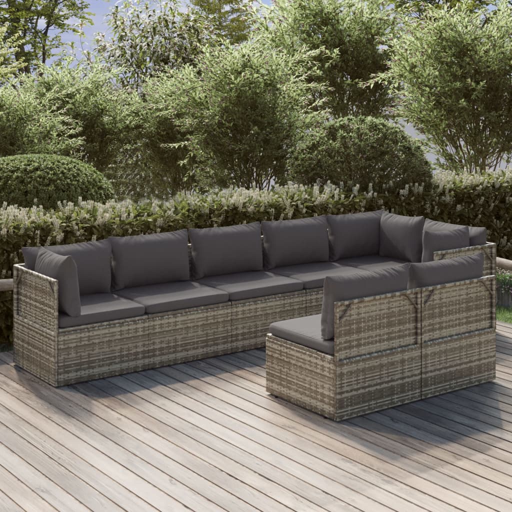 8 Piece Garden Lounge Set with Cushions Grey Poly Rattan