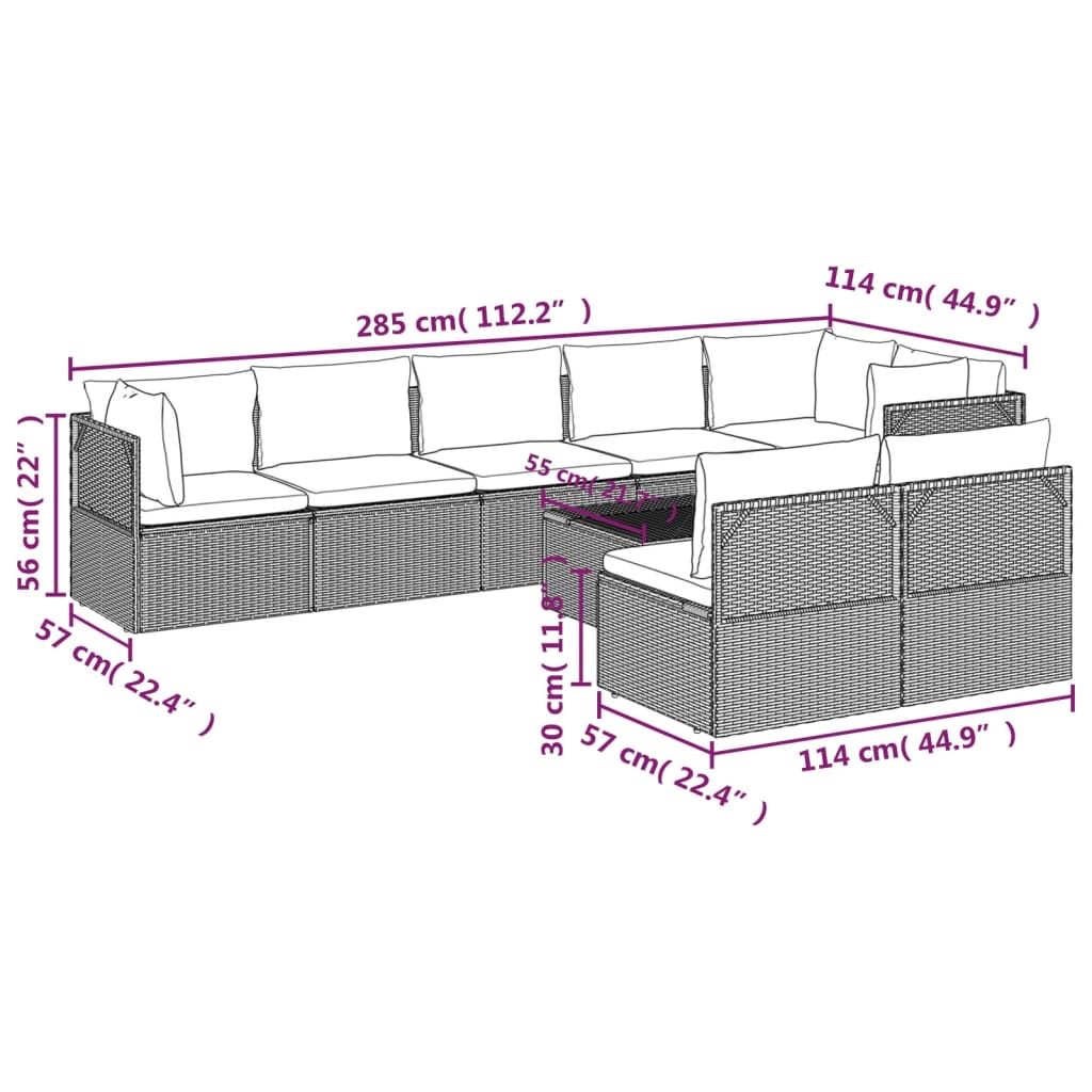 9 Piece Garden Lounge Set with Cushions Grey Poly Rattan