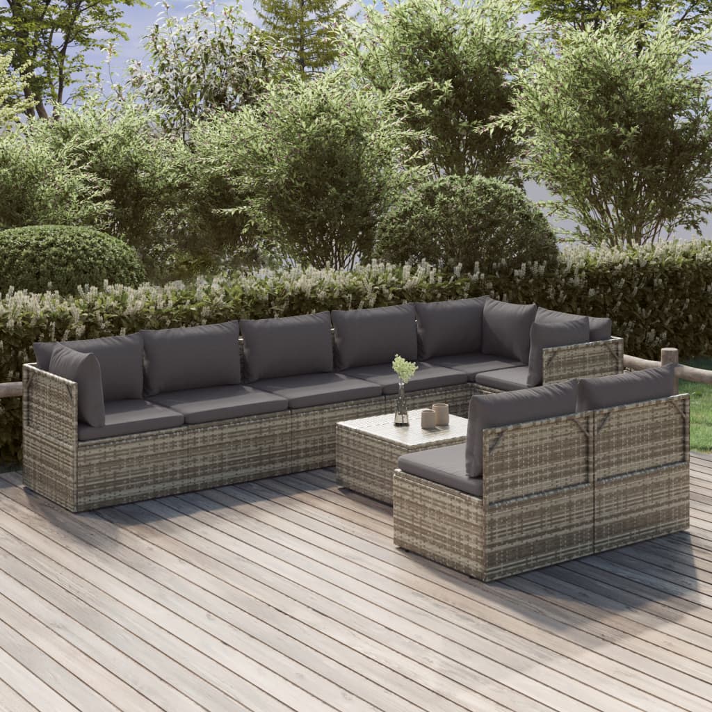 9 Piece Garden Lounge Set with Cushions Grey Poly Rattan
