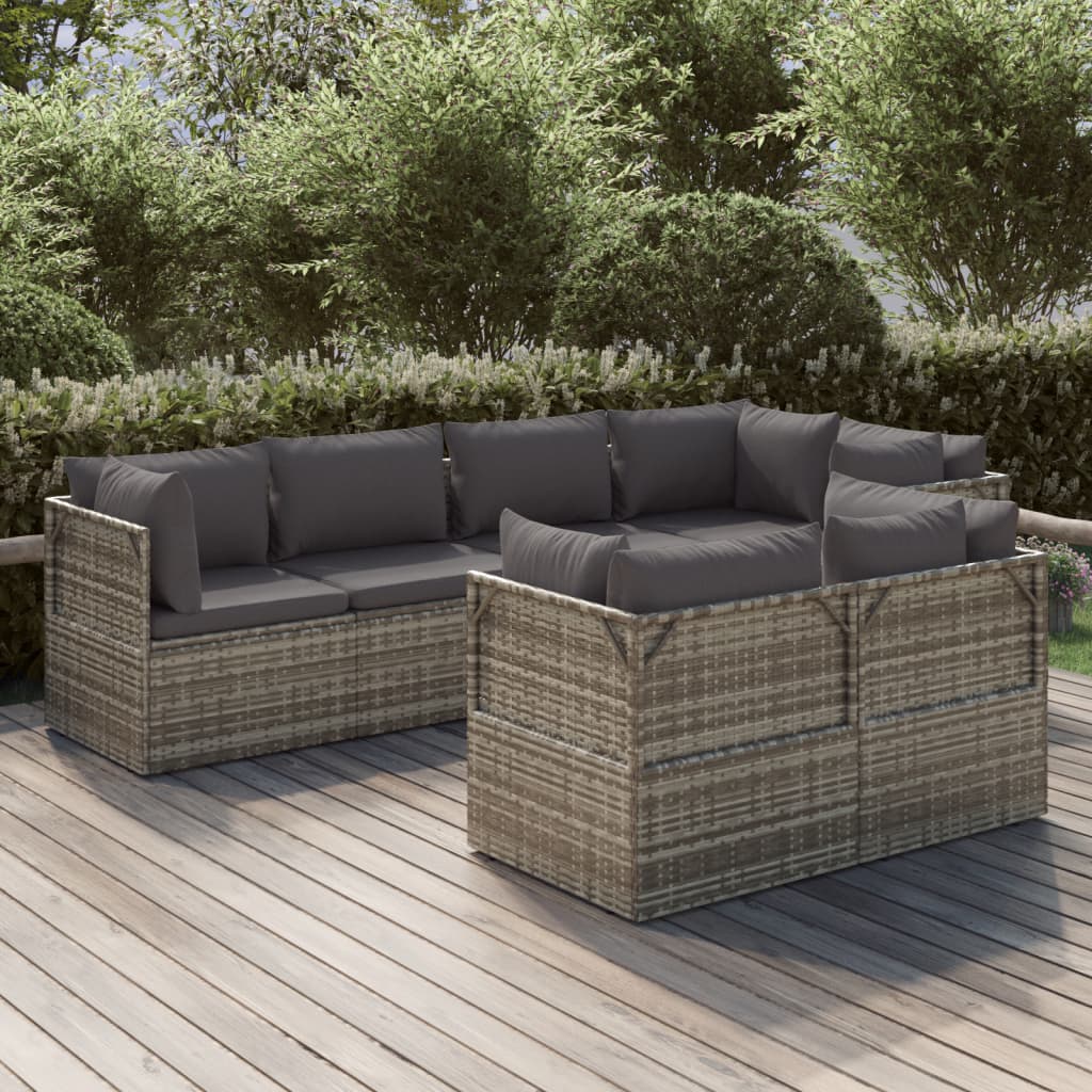 7 Piece Garden Lounge Set with Cushions Grey Poly Rattan