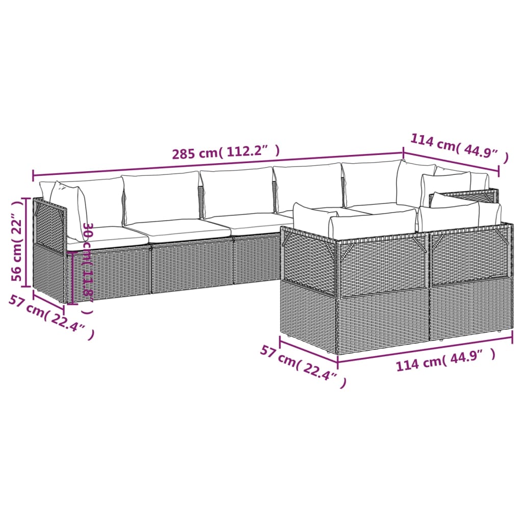 8 Piece Garden Lounge Set with Cushions Grey Poly Rattan