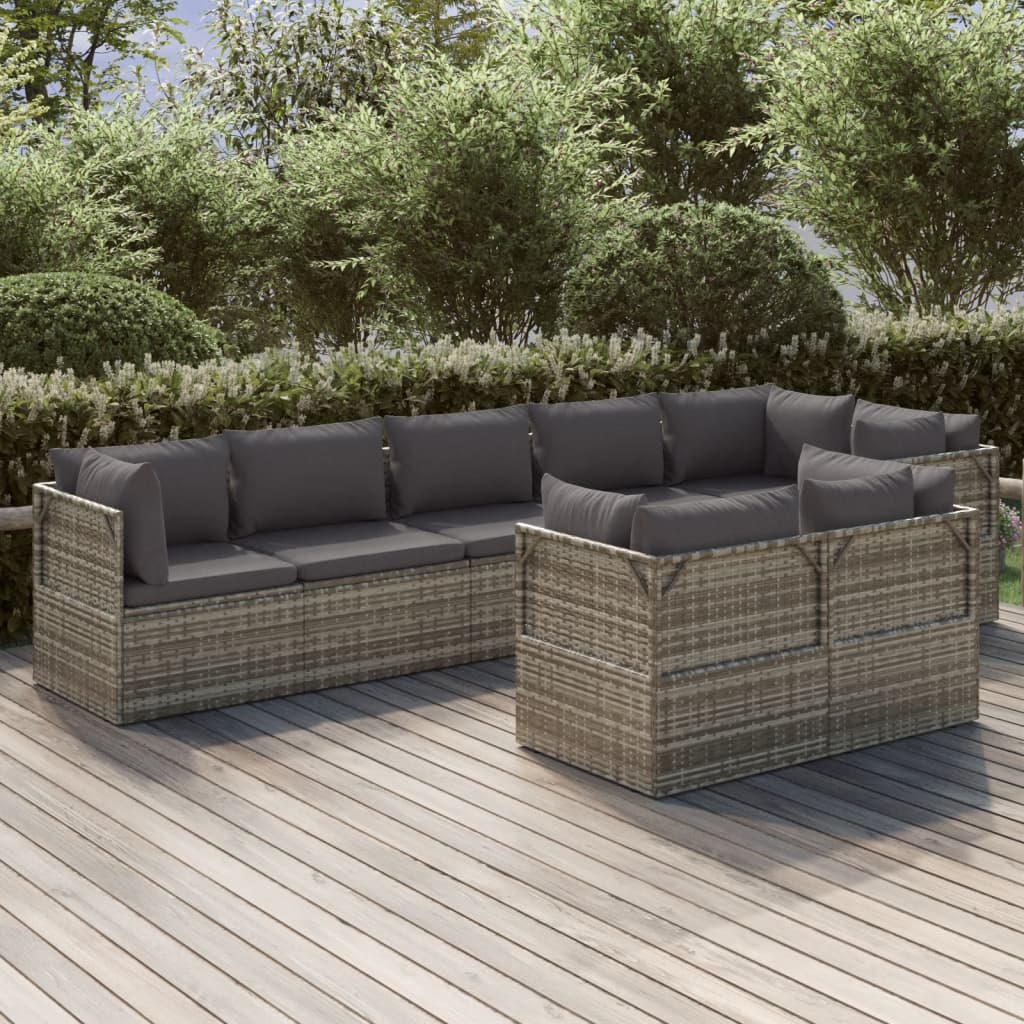 8 Piece Garden Lounge Set with Cushions Grey Poly Rattan