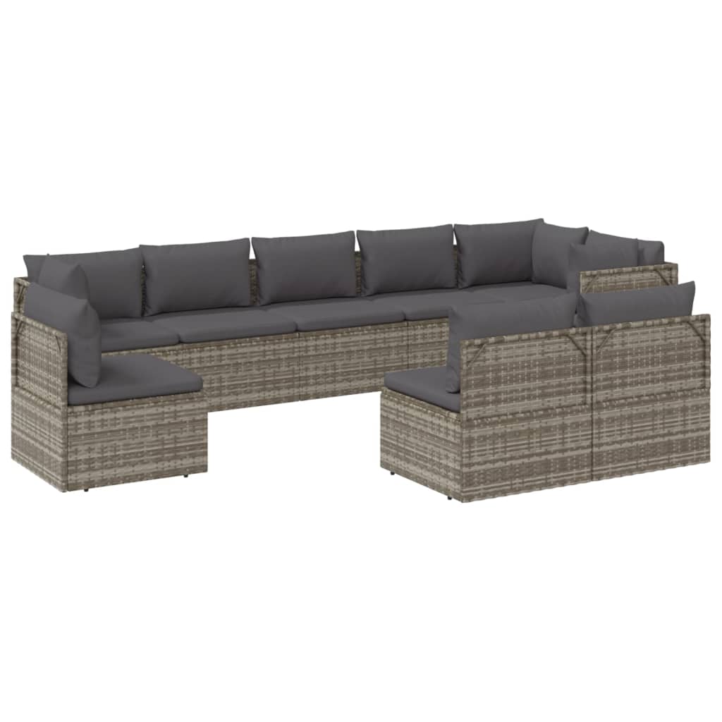 9 Piece Garden Lounge Set with Cushions Grey Poly Rattan
