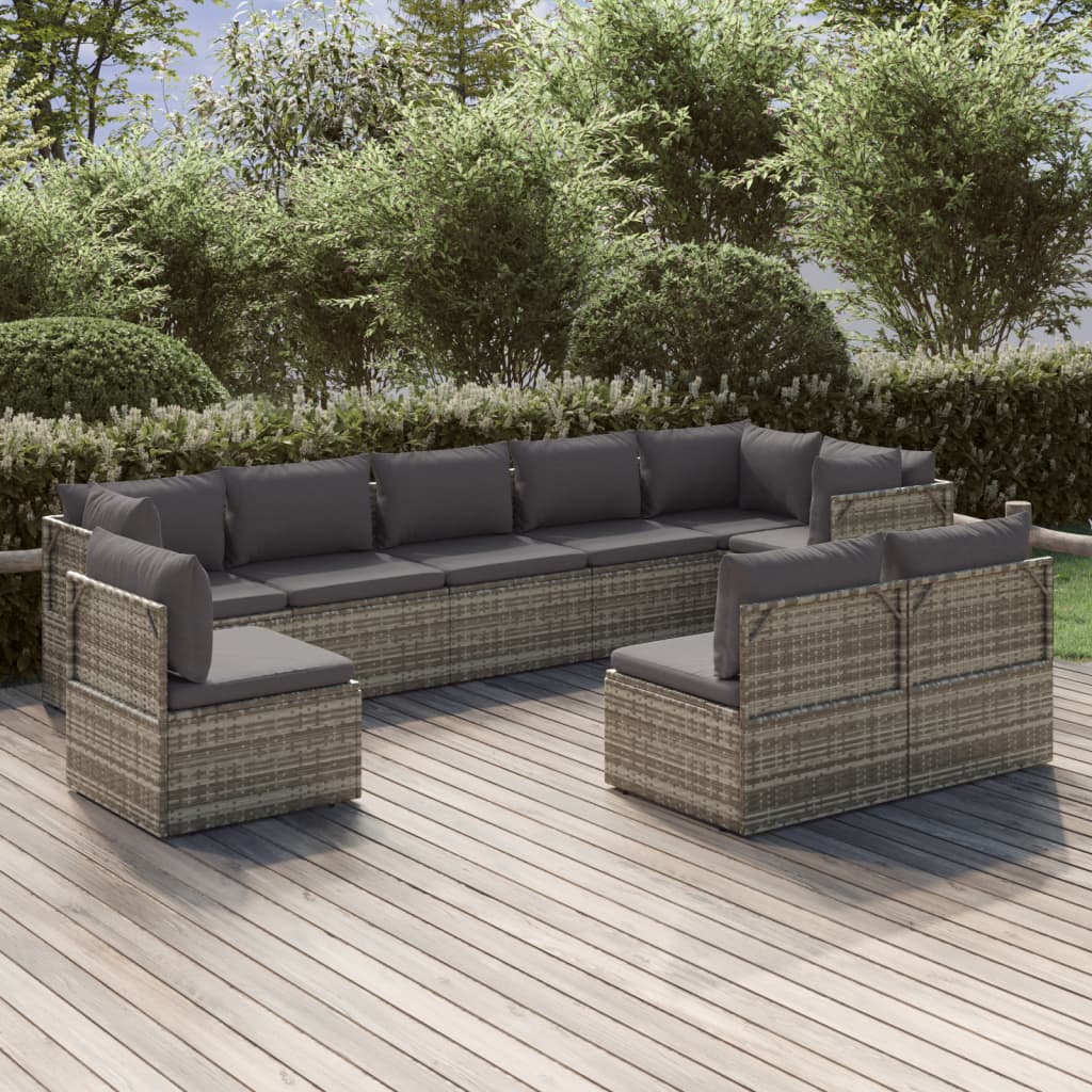 9 Piece Garden Lounge Set with Cushions Grey Poly Rattan