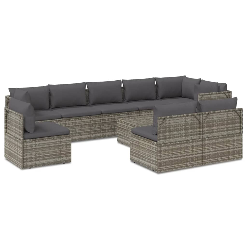 10 Piece Garden Lounge Set with Cushions Grey Poly Rattan