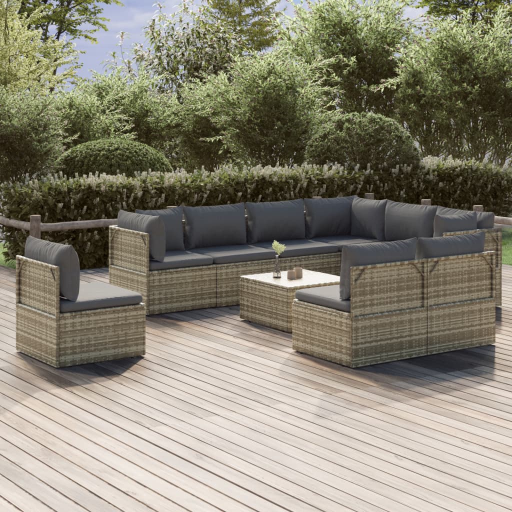 10 Piece Garden Lounge Set with Cushions Grey Poly Rattan