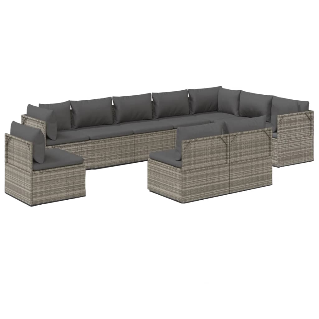 10 Piece Garden Lounge Set with Cushions Grey Poly Rattan