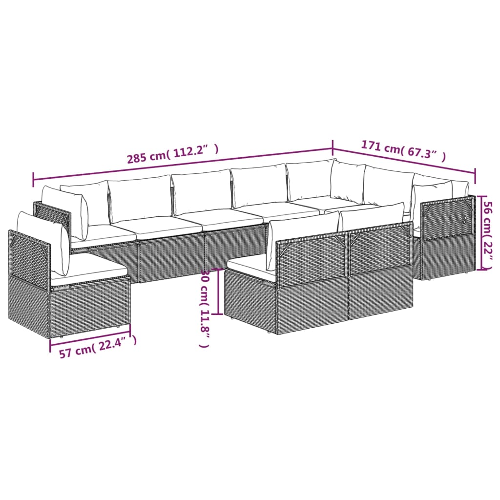 10 Piece Garden Lounge Set with Cushions Grey Poly Rattan