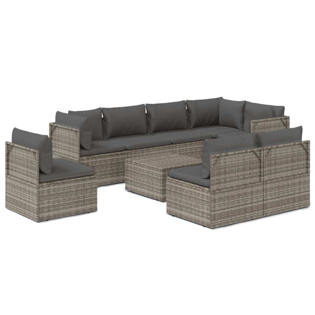 9 Piece Garden Lounge Set with Cushions Grey Poly Rattan