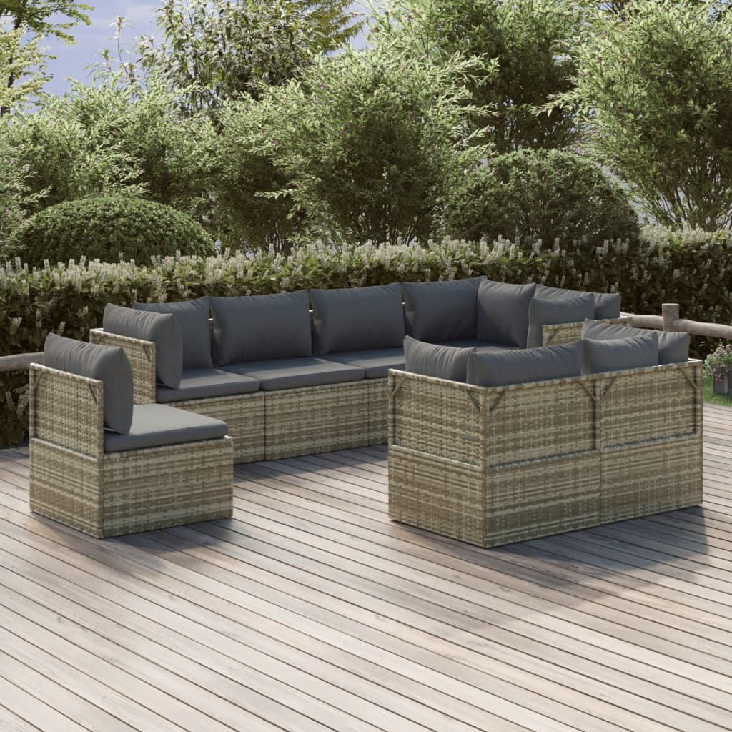 8 Piece Garden Lounge Set with Cushions Grey Poly Rattan