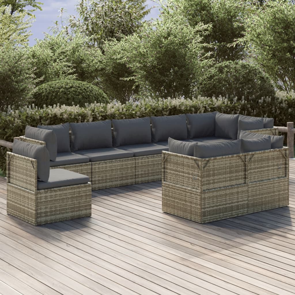 9 Piece Garden Lounge Set with Cushions Grey Poly Rattan