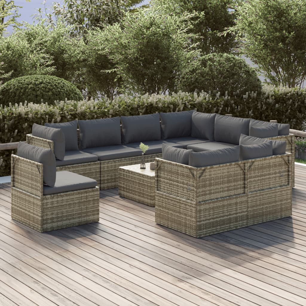 10 Piece Garden Lounge Set with Cushions Grey Poly Rattan