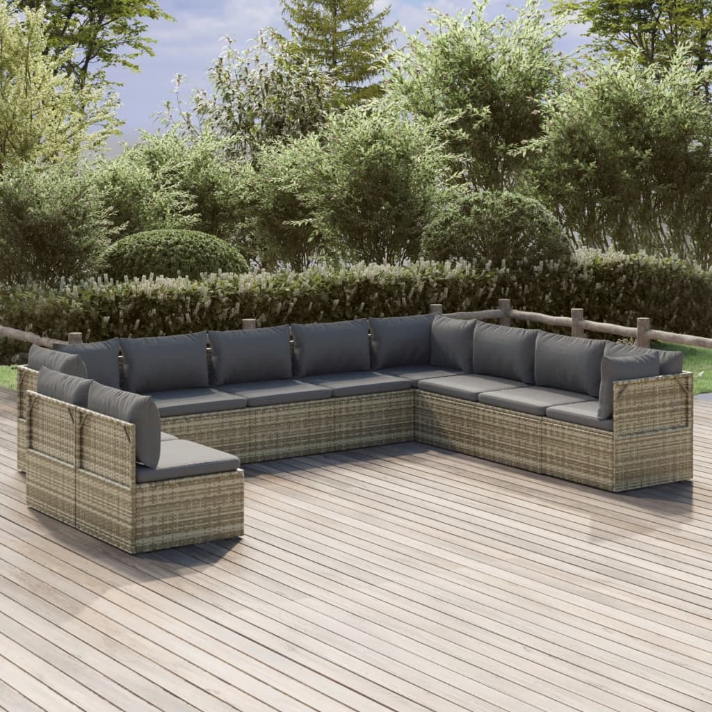 10 Piece Garden Lounge Set with Cushions Grey Poly Rattan