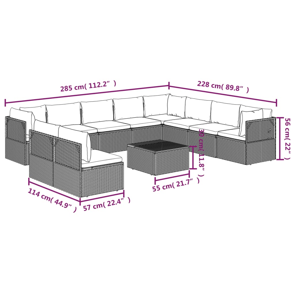 11 Piece Garden Lounge Set with Cushions Grey Poly Rattan