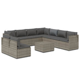 10 Piece Garden Lounge Set with Cushions Grey Poly Rattan - Front View