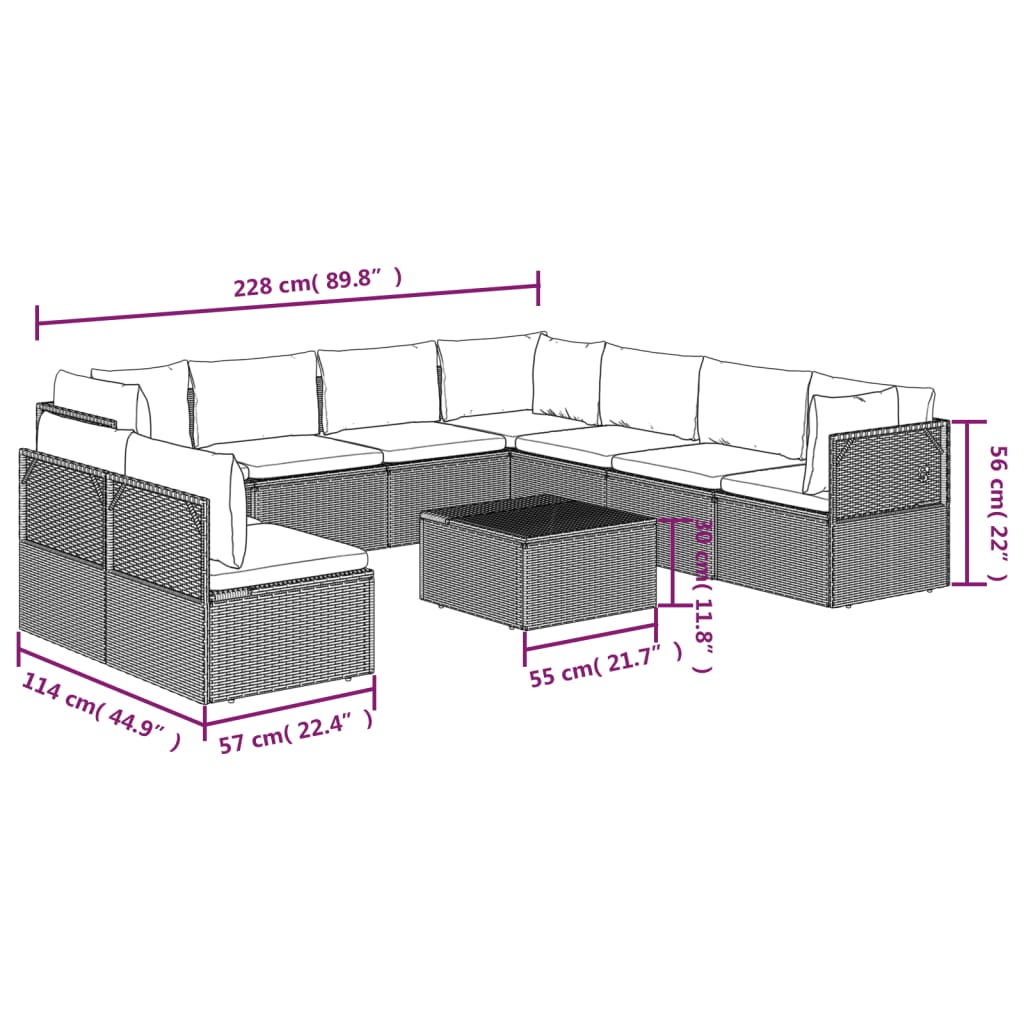 10 Piece Garden Lounge Set with Cushions Grey Poly Rattan