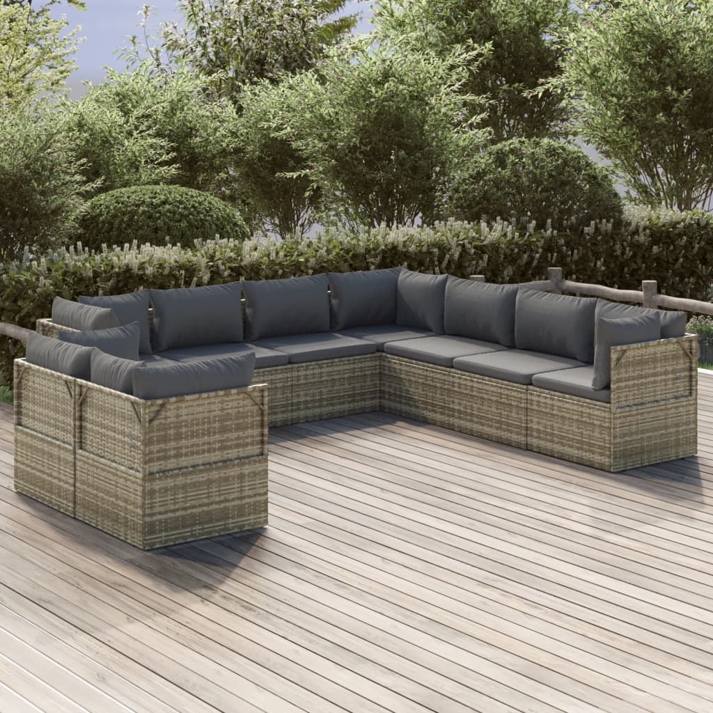 9 Piece Garden Lounge Set with Cushions Grey Poly Rattan