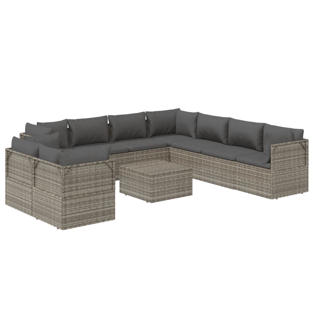 10 Piece Garden Lounge Set with Cushions Grey Poly Rattan