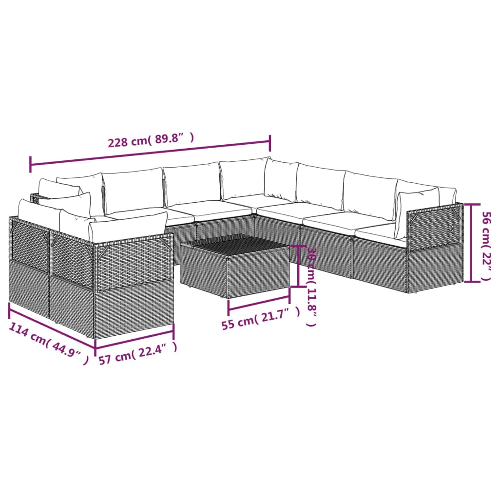 10 Piece Garden Lounge Set with Cushions Grey Poly Rattan