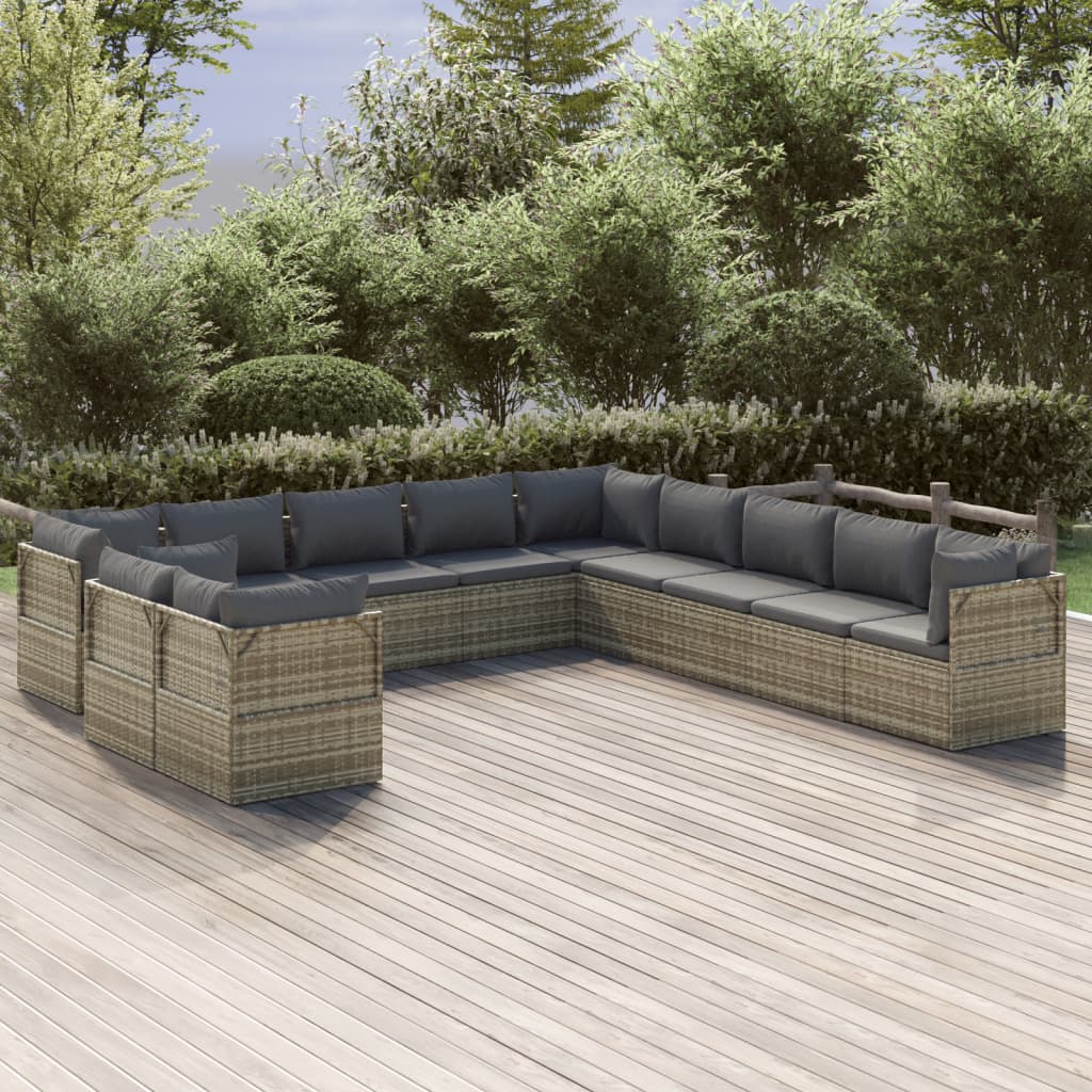 11 Piece Garden Lounge Set with Cushions Grey Poly Rattan