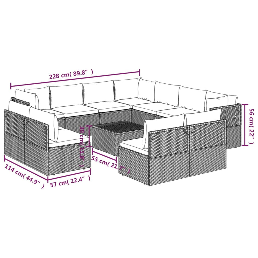 12 Piece Garden Lounge Set with Cushions Grey Poly Rattan