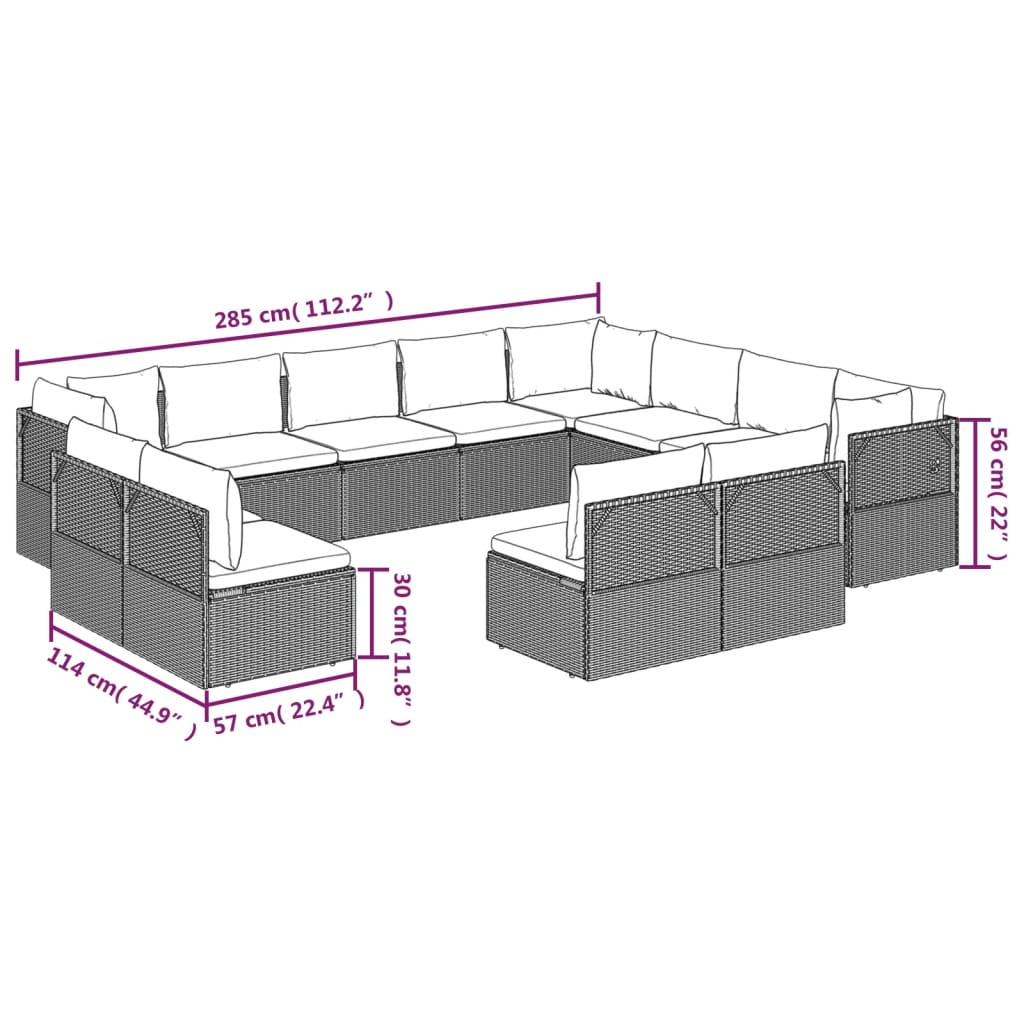 12 Piece Garden Lounge Set with Cushions Grey Poly Rattan