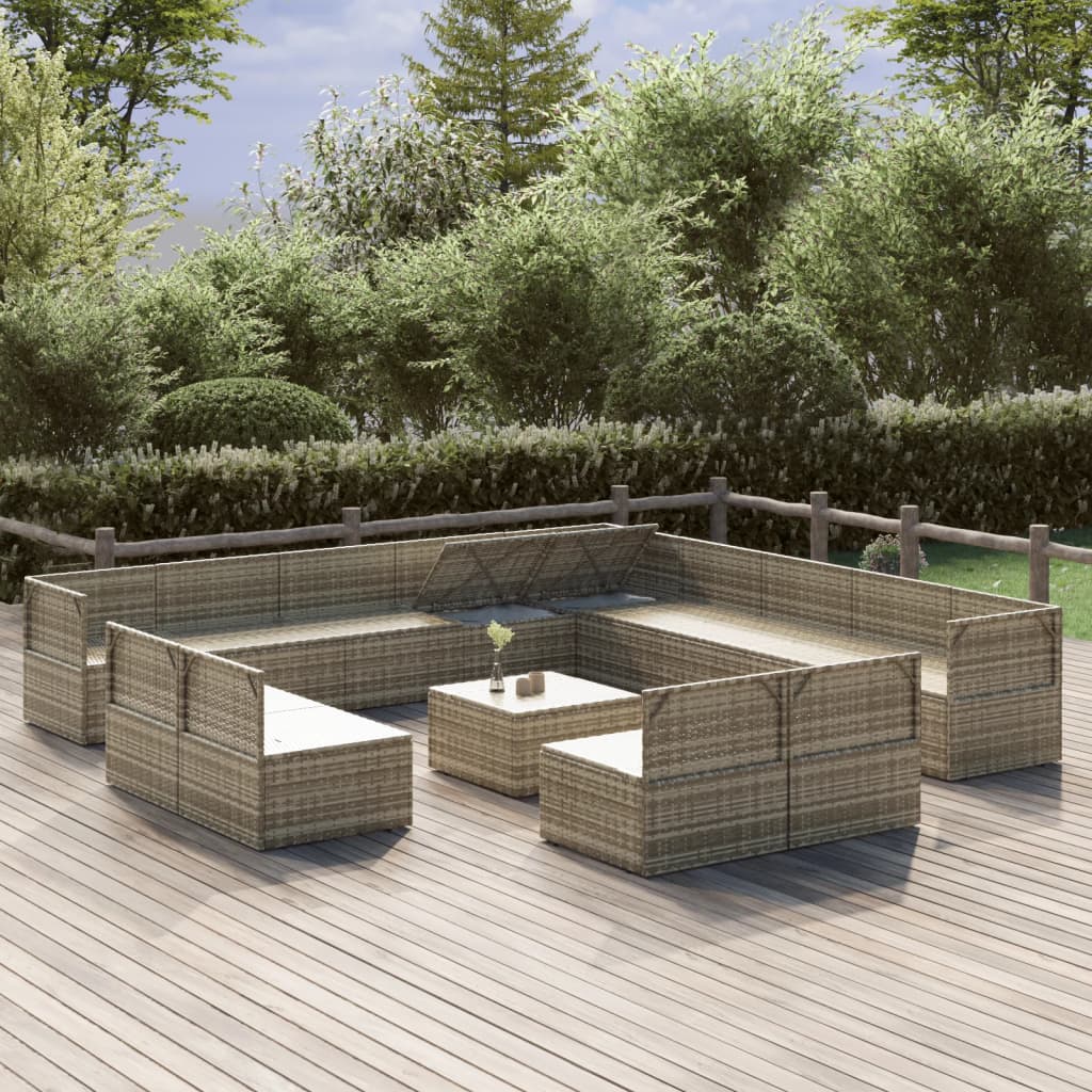 14 Piece Garden Lounge Set with Cushions Grey Poly Rattan
