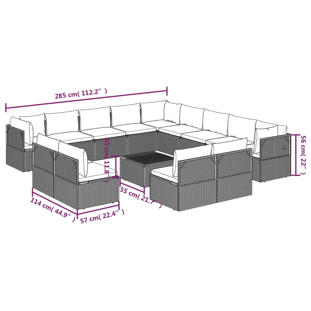 14 Piece Garden Lounge Set with Cushions Grey Poly Rattan