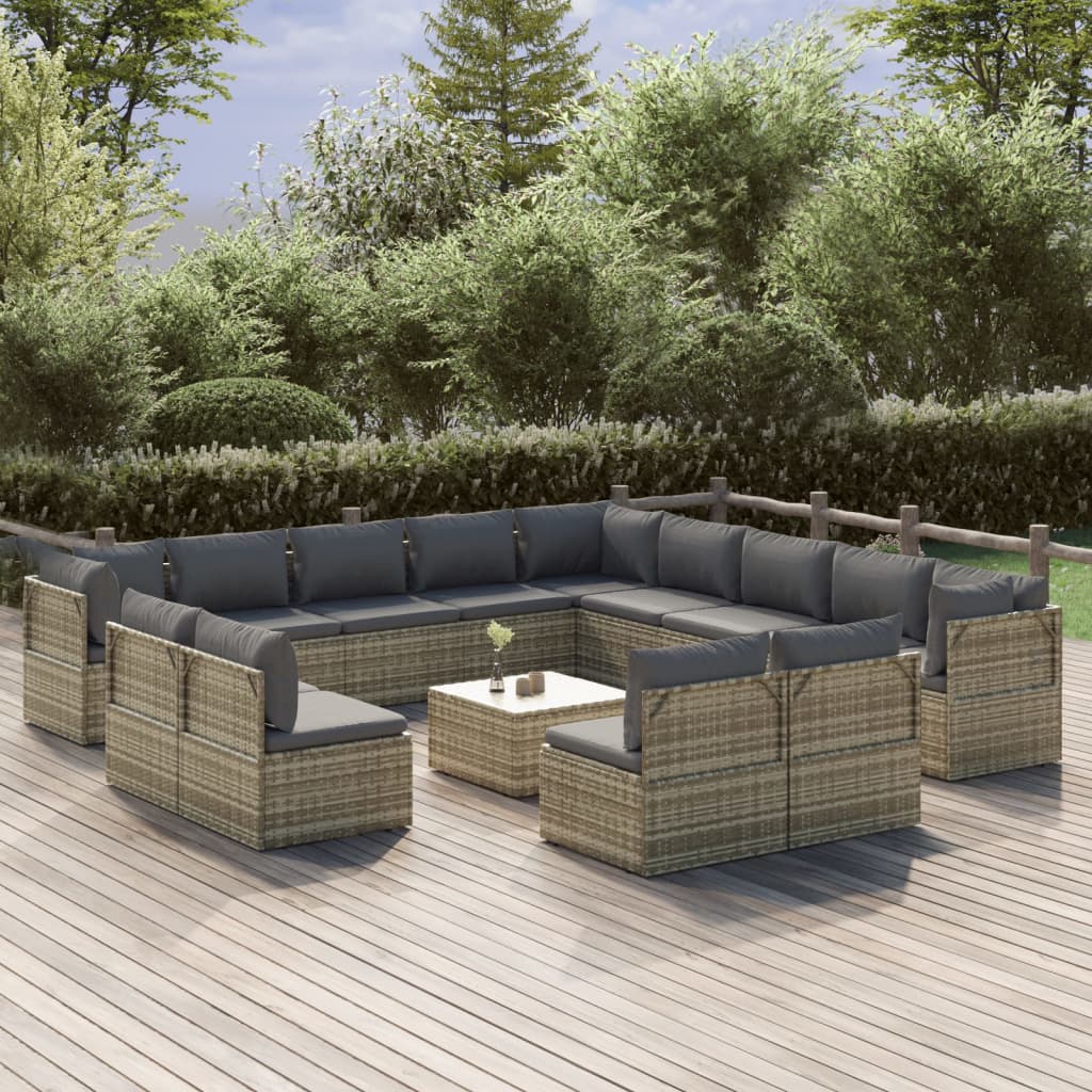 14 Piece Garden Lounge Set with Cushions Grey Poly Rattan