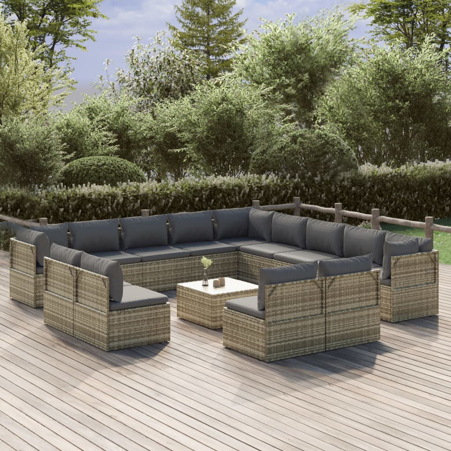 14 Piece Garden Lounge Set with Cushions Grey Poly Rattan