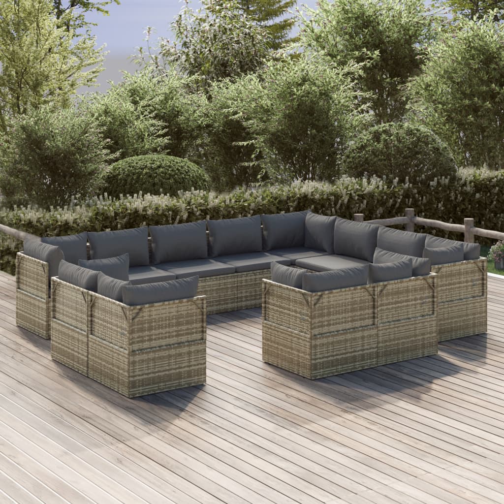 12 Piece Garden Lounge Set with Cushions Grey Poly Rattan