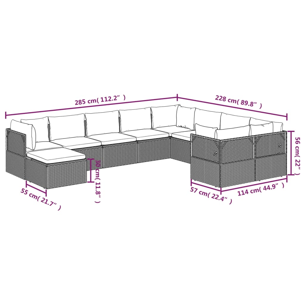 10 Piece Garden Lounge Set with Cushions Grey Poly Rattan